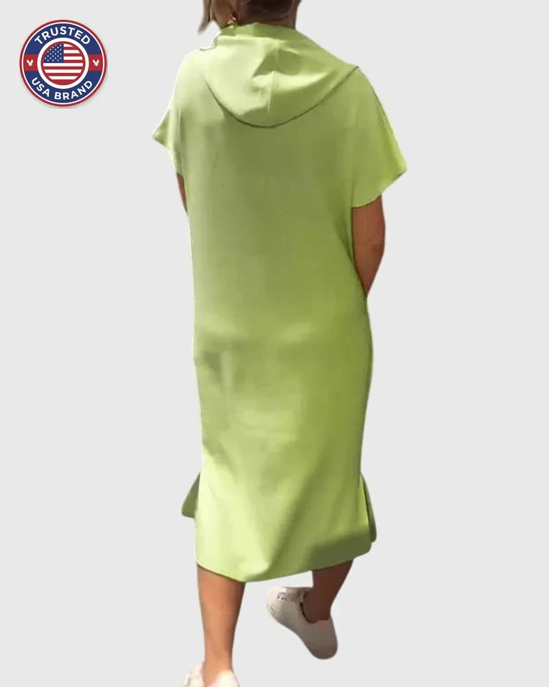Midi Dress Womens Cotton Hooded Kangaroo Pocket Casual Style