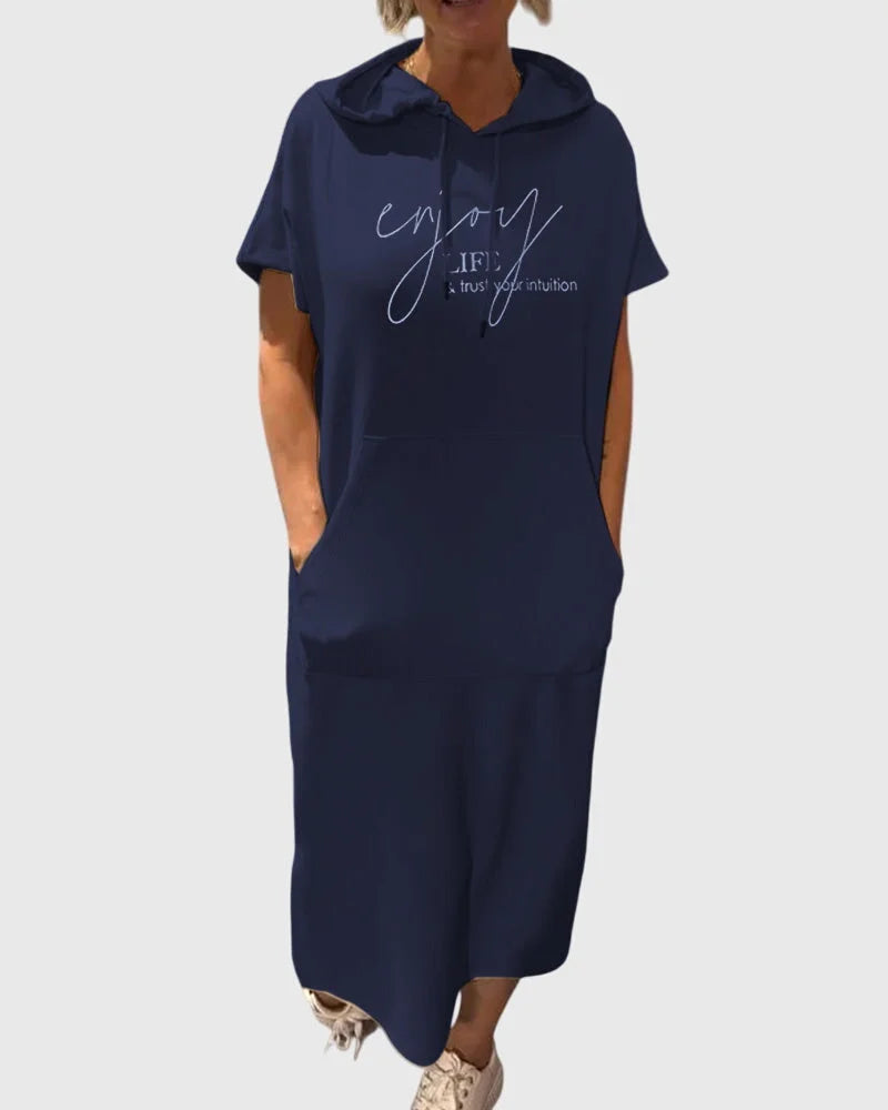 Midi Dress Womens Cotton Hooded Kangaroo Pocket Casual Style