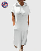 Midi Dress Womens Cotton Hooded Kangaroo Pocket Casual Style
