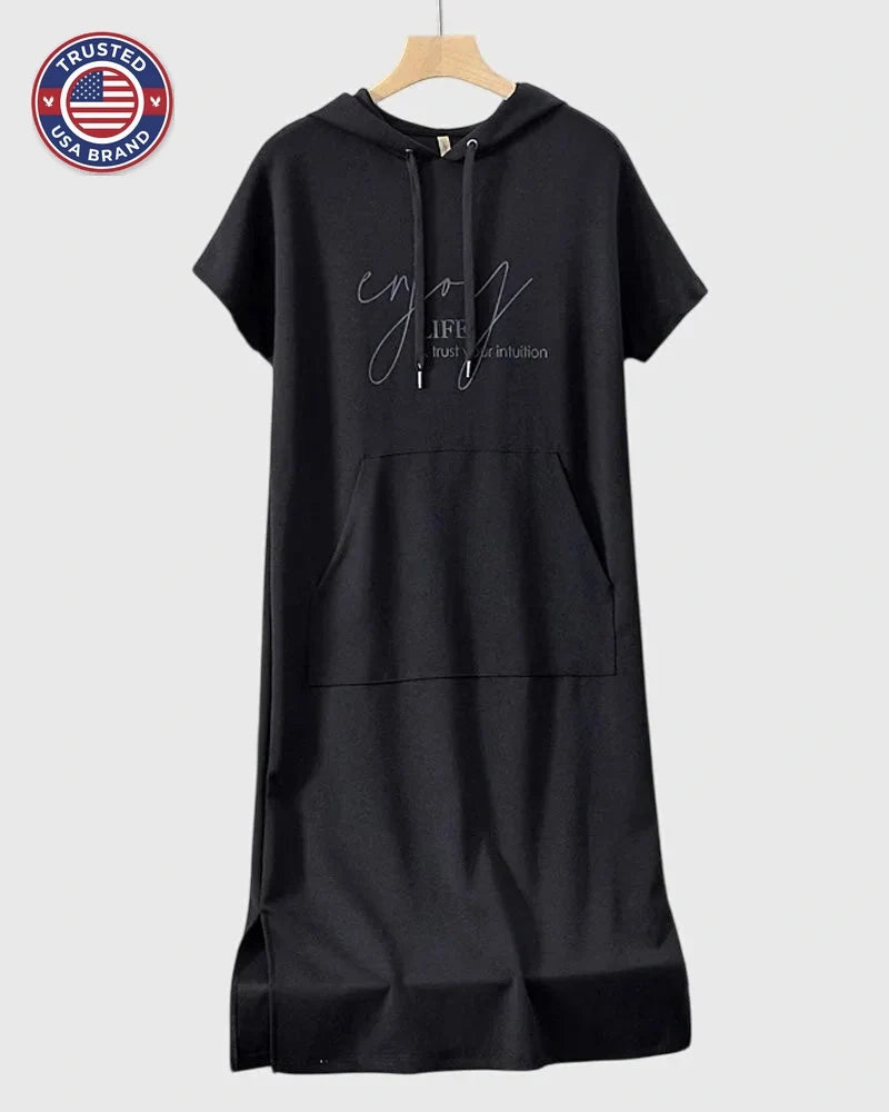 Midi Dress Womens Cotton Hooded Kangaroo Pocket Casual Style