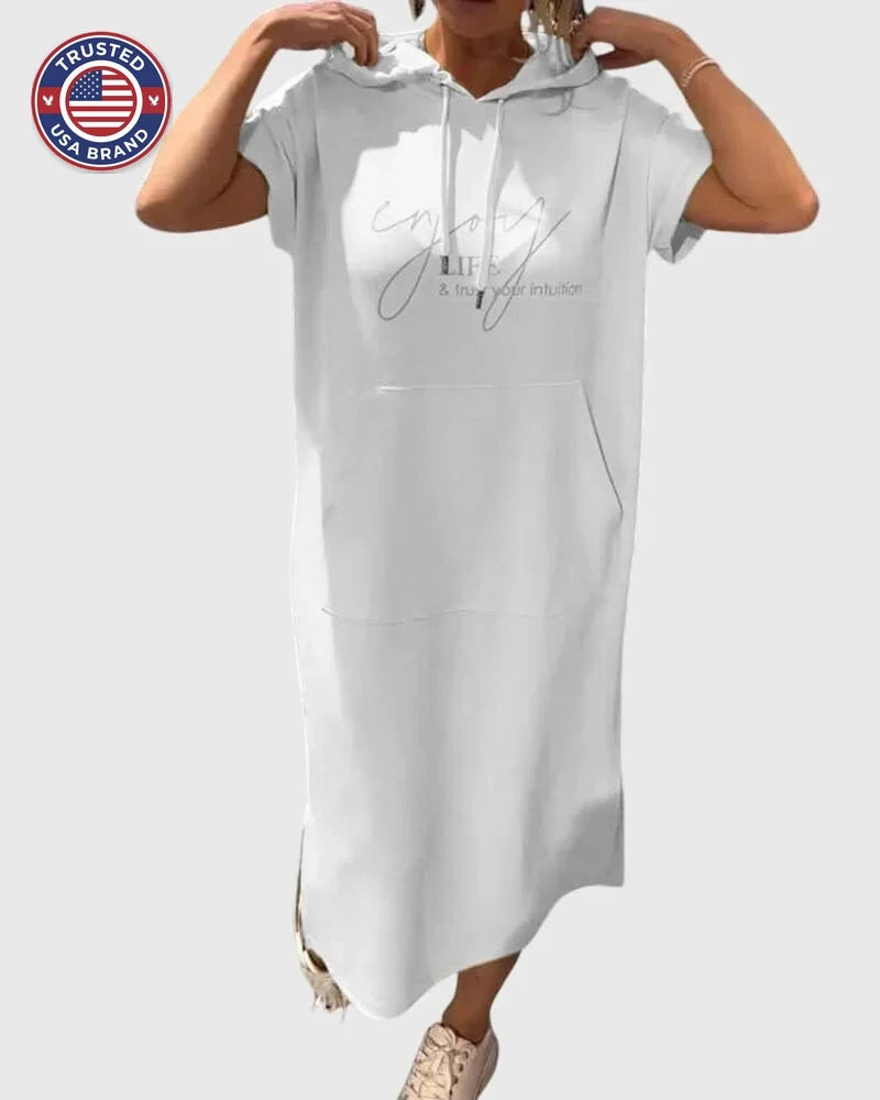 Midi Dress Womens Cotton Hooded Kangaroo Pocket Casual Style
