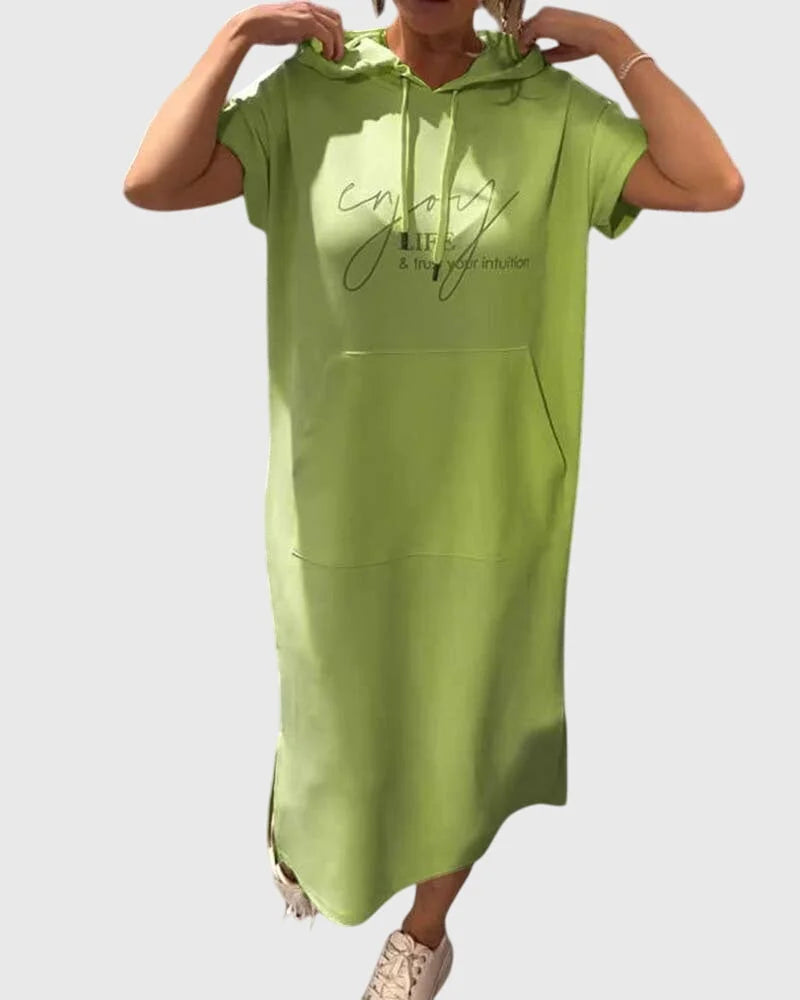 Midi Dress Womens Cotton Hooded Kangaroo Pocket Casual Style