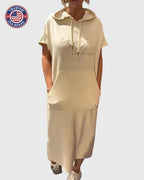 Midi Dress Womens Cotton Hooded Kangaroo Pocket Casual Style