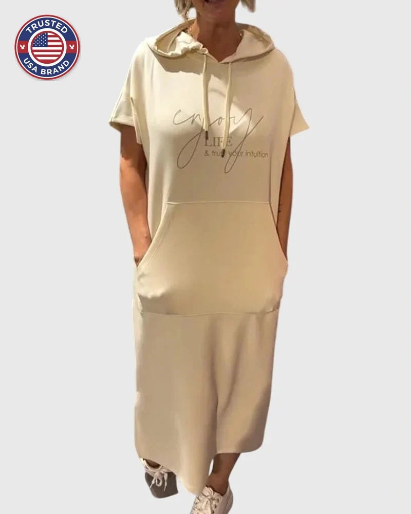Midi Dress Womens Cotton Hooded Kangaroo Pocket Casual Style