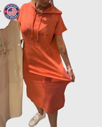 Midi Dress Womens Cotton Hooded Kangaroo Pocket Casual Style