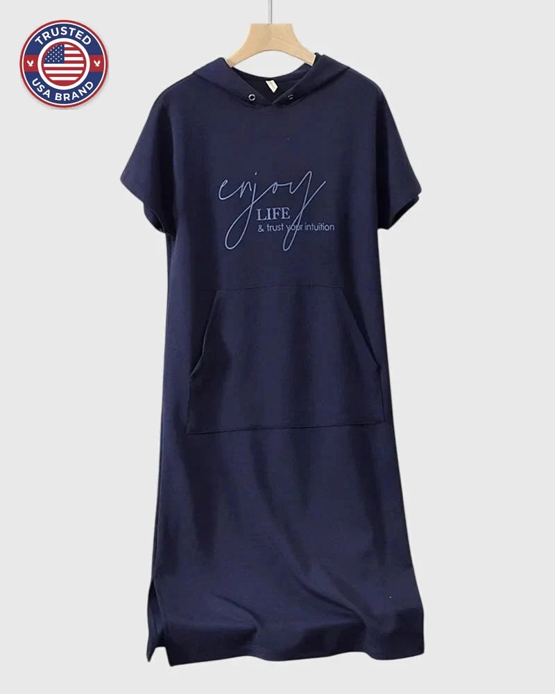 Midi Dress Womens Cotton Hooded Kangaroo Pocket Casual Style