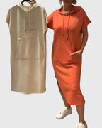 Midi Dress Womens Cotton Hooded Kangaroo Pocket Casual Style