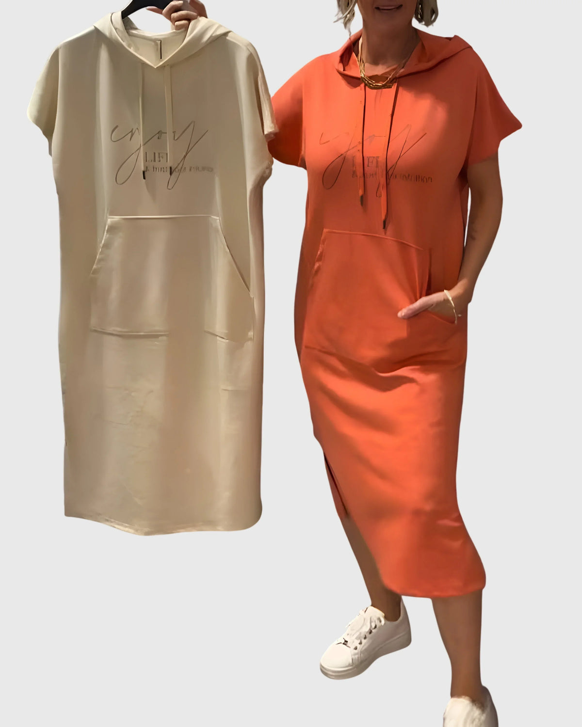 Midi Dress Womens Cotton Hooded Kangaroo Pocket Casual Style