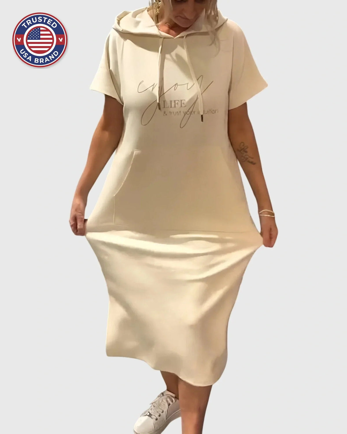 Midi Dress Womens Cotton Hooded Kangaroo Pocket Casual Style