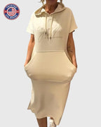 Midi Dress Womens Cotton Hooded Kangaroo Pocket Casual Style