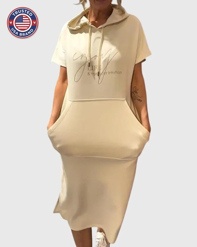 Midi Dress Womens Cotton Hooded Kangaroo Pocket Casual Style