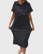Midi Dress Womens Cotton Hooded Kangaroo Pocket Casual Style