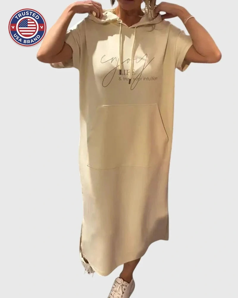 Midi Dress Womens Cotton Hooded Kangaroo Pocket Casual Style