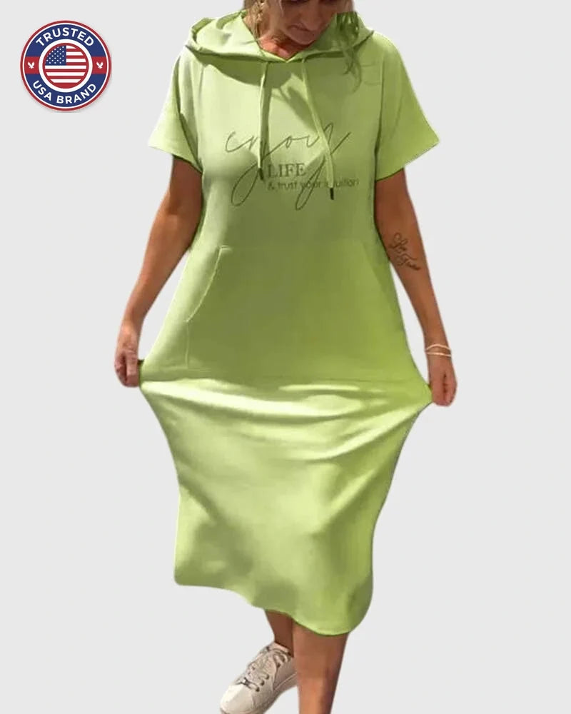 Midi Dress Womens Cotton Hooded Kangaroo Pocket Casual Style