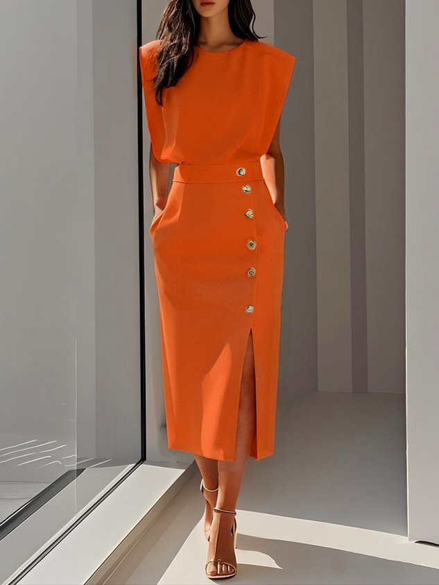 Calla | Women's Midi Dress | Round Neckline, Button Slit | Structured