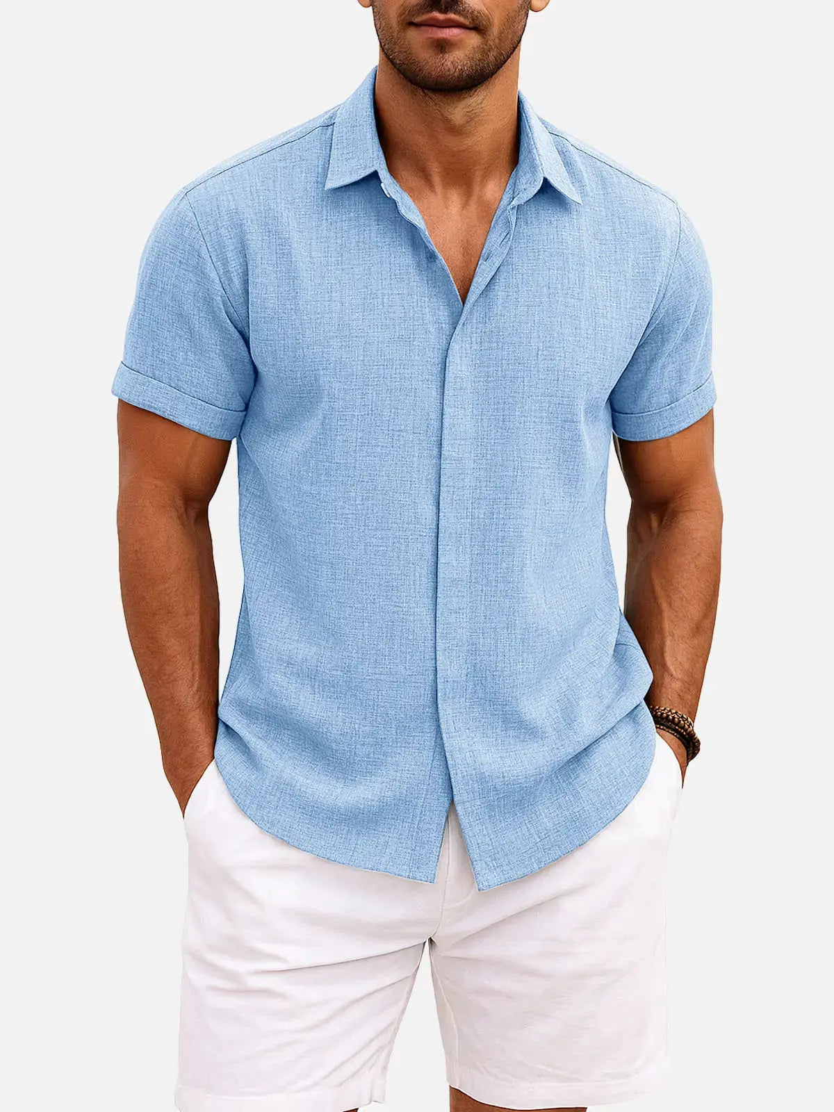Linen Shirt Men Short Sleeve Button Down Regular Fit Cotton Blend