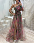 Evening Maxi Dress | One-Shoulder, Floral Appliqué & High Slit | Noor