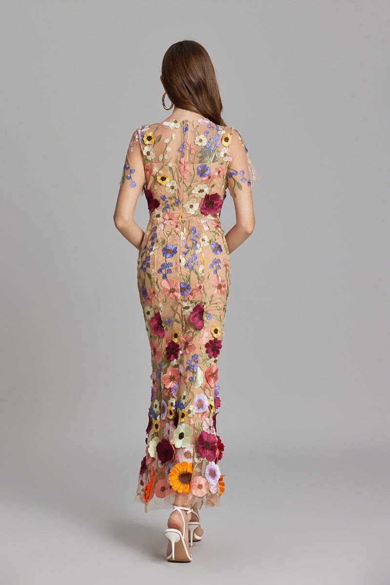 Maxi Dress Women Floral Embroidered Flutter Sleeve | Rosalind