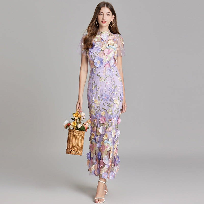 Maxi Dress Women Floral Embroidered Flutter Sleeve | Rosalind