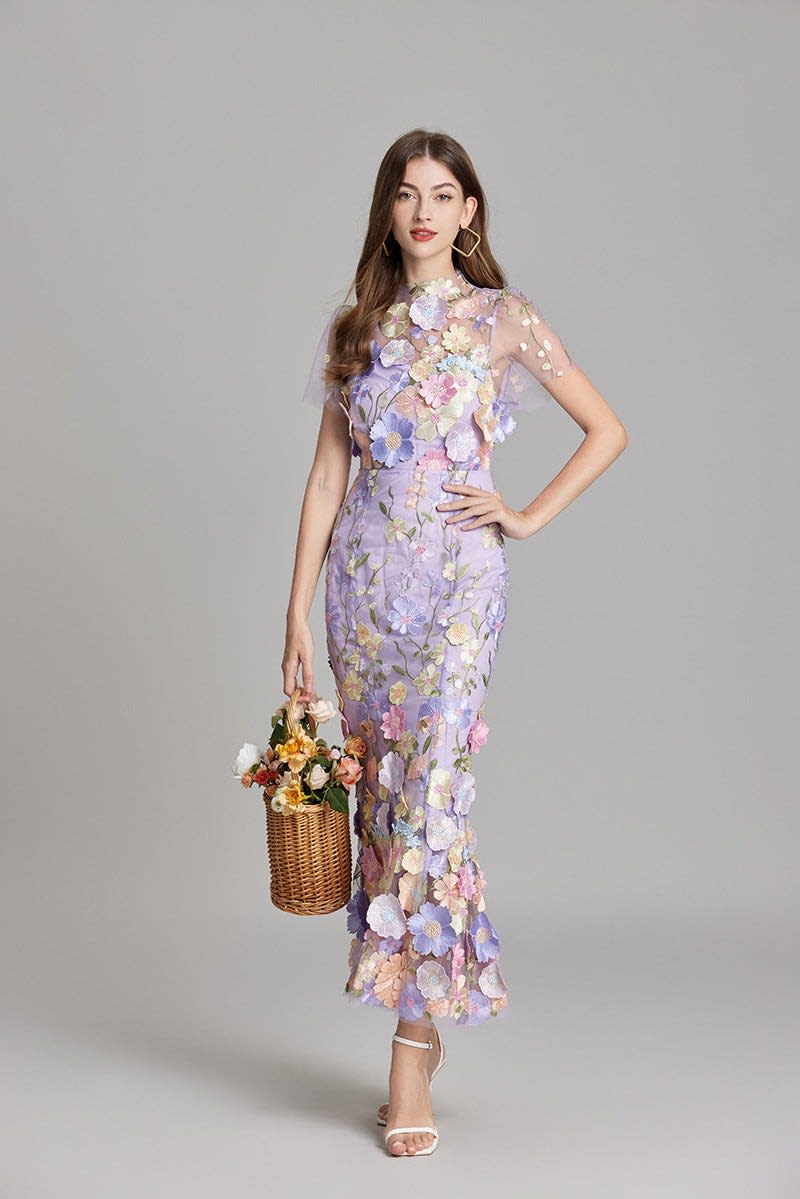 Maxi Dress Women Floral Embroidered Flutter Sleeve | Rosalind