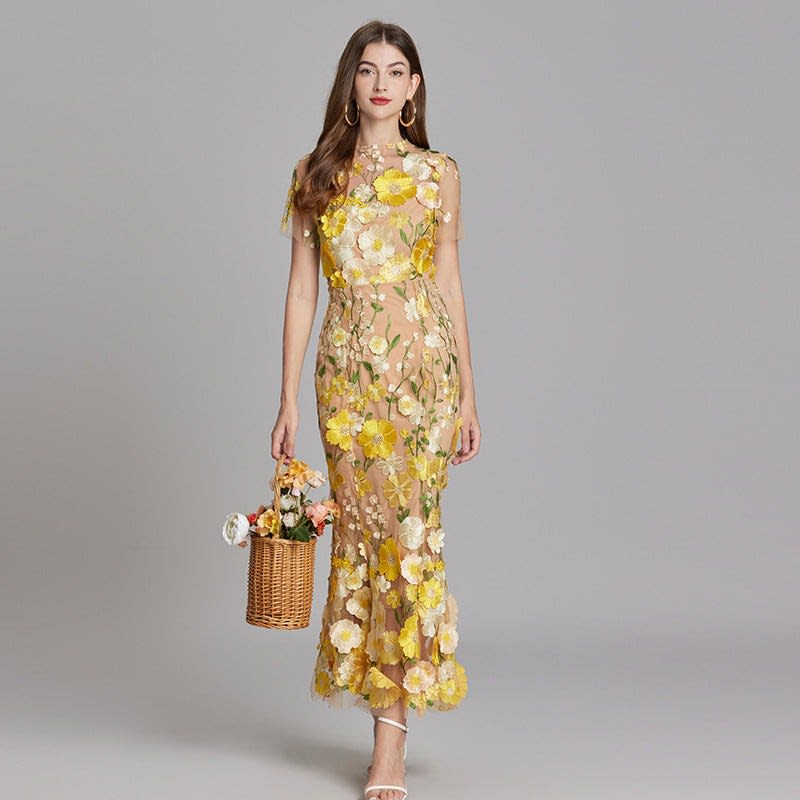 Maxi Dress Women Floral Embroidered Flutter Sleeve | Rosalind