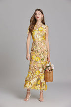 Maxi Dress Women Floral Embroidered Flutter Sleeve | Rosalind