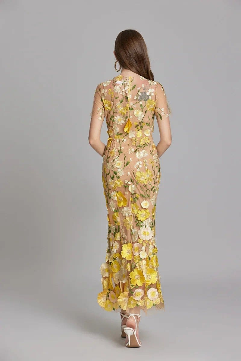 Maxi Dress Women Floral Embroidered Flutter Sleeve | Rosalind