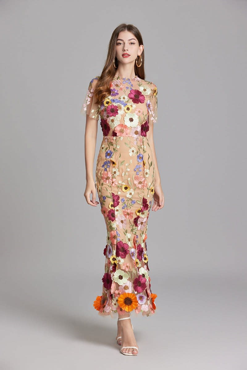 Maxi Dress Women Floral Embroidered Flutter Sleeve | Rosalind