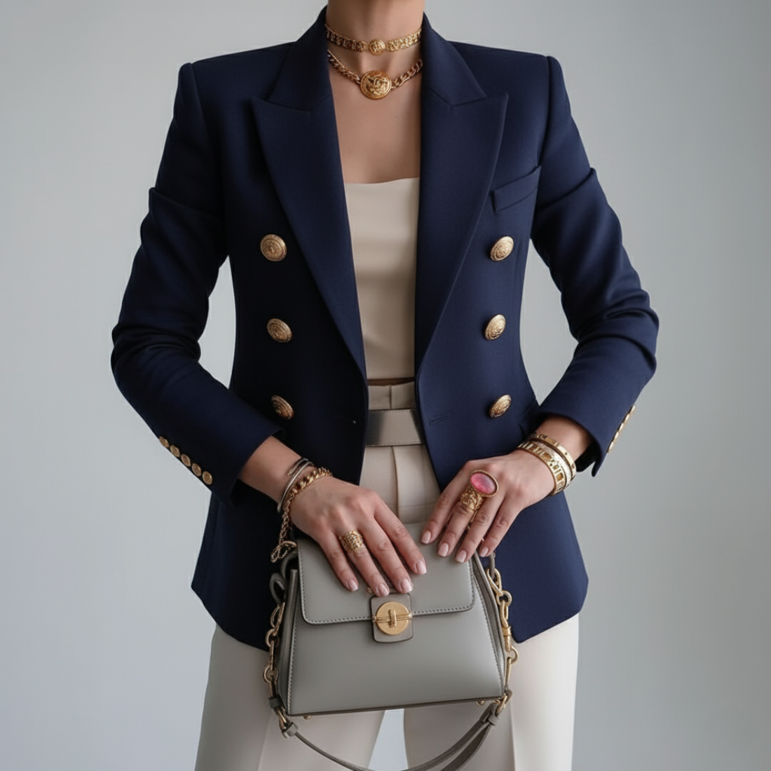 Nova | Women's Double-Breasted Blazer | Gold Buttons, Notch Lapel | Fitted
