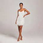 Party Dress Women Sleeveless Beaded Fringe Mini V Neck Feather Trim