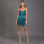 Party Dress Women Sleeveless Beaded Fringe Mini V Neck Feather Trim