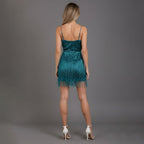 Party Dress Women Sleeveless Beaded Fringe Mini V Neck Feather Trim