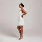 Party Dress Women Sleeveless Beaded Fringe Mini V Neck Feather Trim