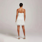 Party Dress Women Sleeveless Beaded Fringe Mini V Neck Feather Trim