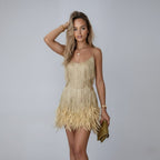 Party Dress Women Sleeveless Beaded Fringe Mini V Neck Feather Trim