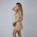 Party Dress Women Sleeveless Beaded Fringe Mini V Neck Feather Trim