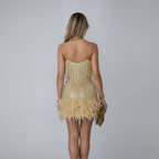 Party Dress Women Sleeveless Beaded Fringe Mini V Neck Feather Trim