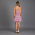 Party Dress Women Sleeveless Beaded Fringe Mini V Neck Feather Trim