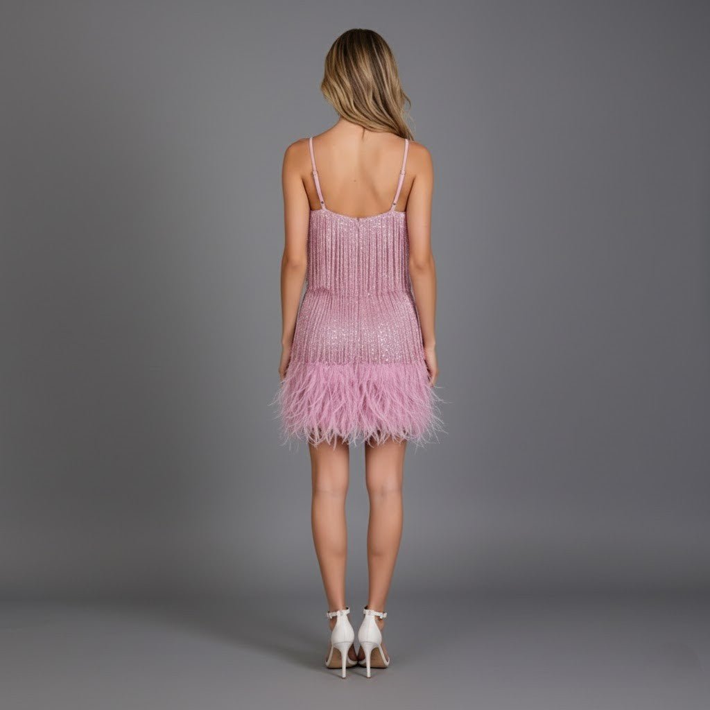 Party Dress Women Sleeveless Beaded Fringe Mini V Neck Feather Trim