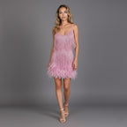 Party Dress Women Sleeveless Beaded Fringe Mini V Neck Feather Trim