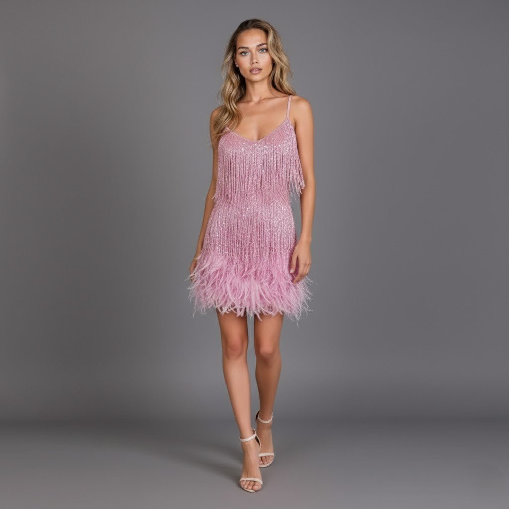 Party Dress Women Sleeveless Beaded Fringe Mini V Neck Feather Trim
