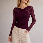 Crop Top Women Ruched Wrap Long Sleeve Sheer | Ottoline