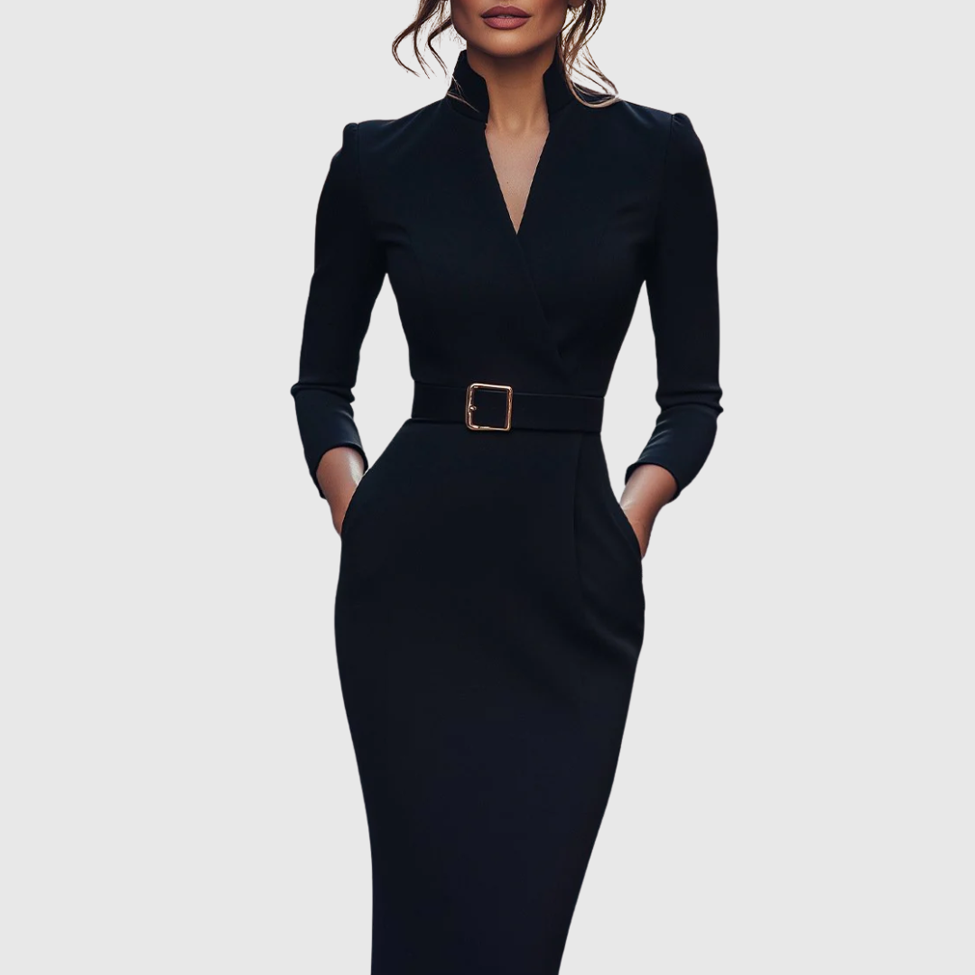 Midi Dress Women Fitted Pencil Wrap Neckline Three Quarter Sleeve
