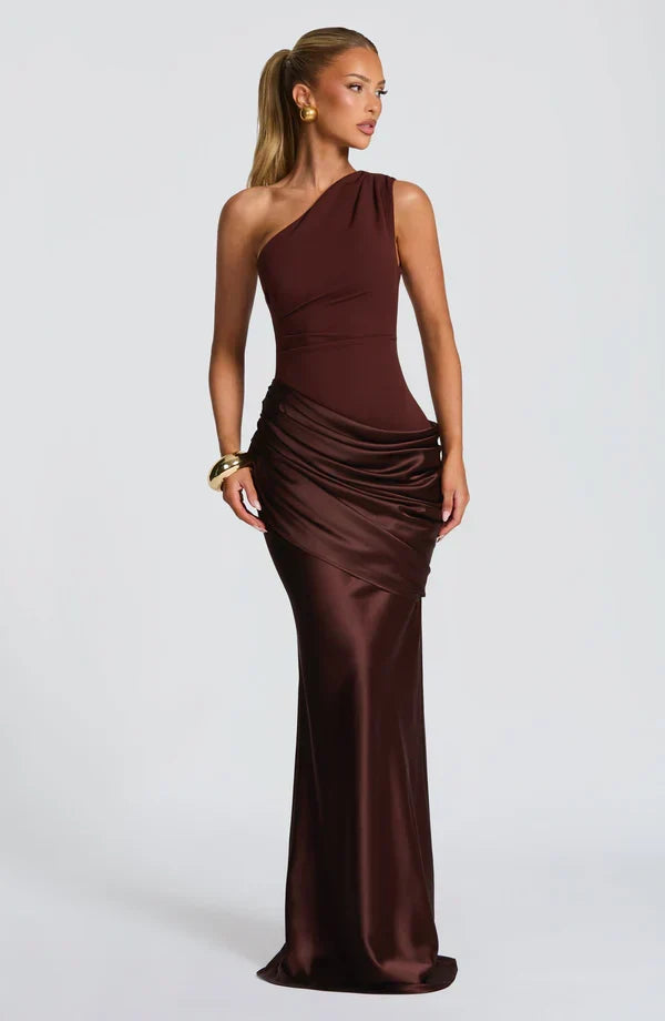 Long Maxi Dress Women One Shoulder Asymmetric Neckline Draped