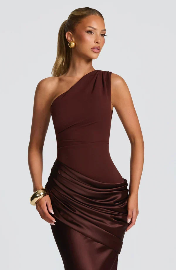 Long Maxi Dress Women One Shoulder Asymmetric Neckline Draped