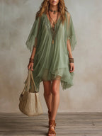 Mini Dress Women Sheer Chiffon Layered Tiered Boho Flowy V Neck