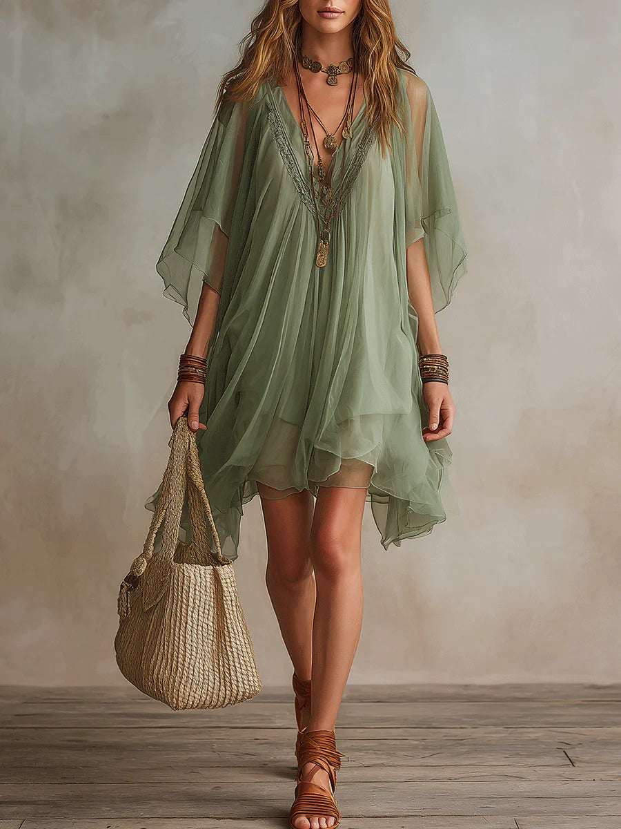 Mini Dress Women Sheer Chiffon Layered Tiered Boho Flowy V Neck