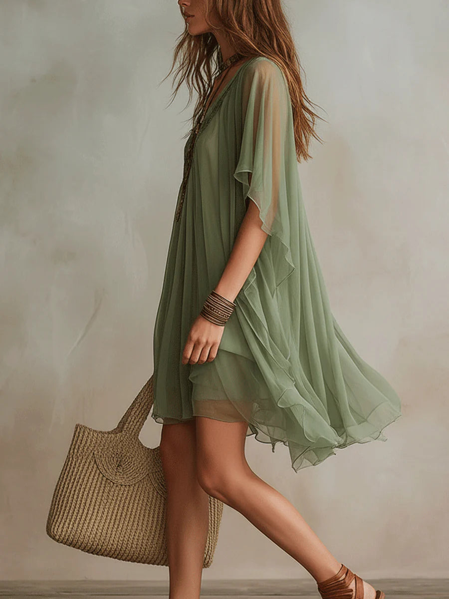 Mini Dress Women Sheer Chiffon Layered Tiered Boho Flowy V Neck