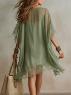 Mini Dress Women Sheer Chiffon Layered Tiered Boho Flowy V Neck