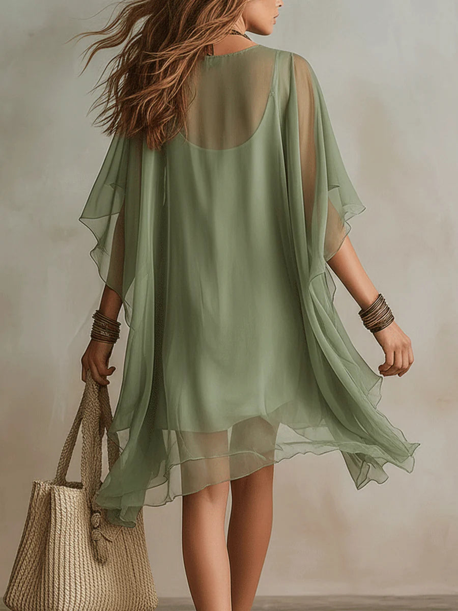 Mini Dress Women Sheer Chiffon Layered Tiered Boho Flowy V Neck